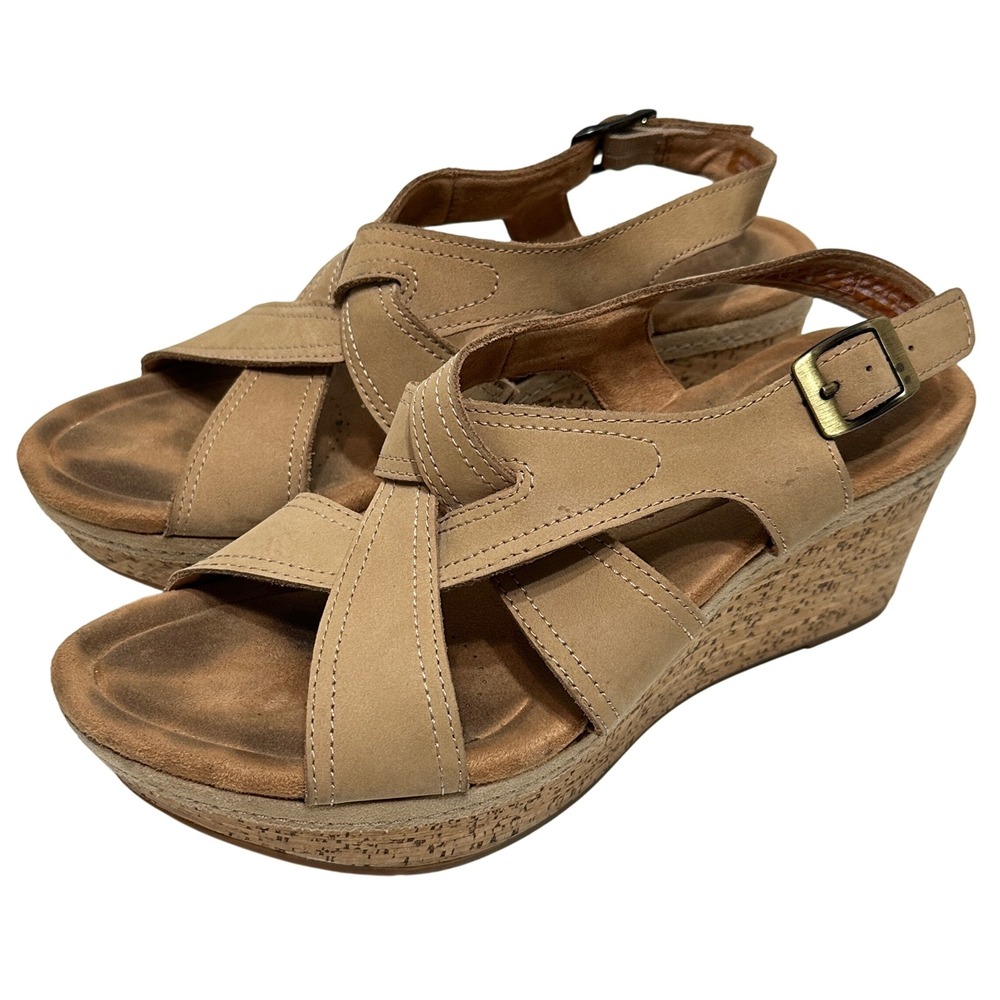 Clarks Womens Eleri Rae Leather Criss Cross Shoes Size 9 Cork Wedge Heel Sandals - Picture 1 of 13